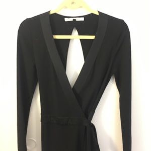 DVF black wrap dress open back ribbon trim